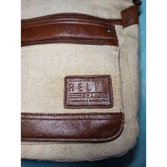 Relic Shoulder Bag Beige Fabric Chocolate Brown Faux Leather Trim - Picture 2 of 7